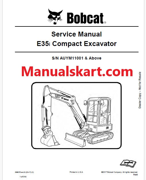 Bobcat E35i Compact Excavator Pdf Repair Service Manual S/N AUYM11001 & Above