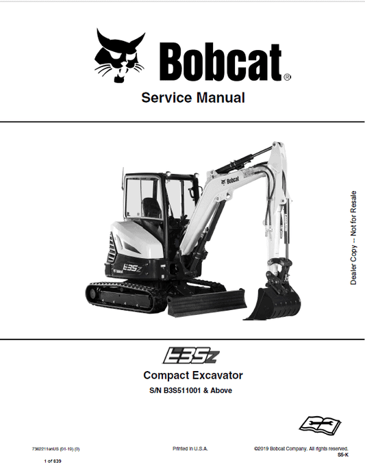 Bobcat E35z Compact Excavator Pdf Repair Service Manual (Pb. No. 7362211enus 01-19 0)