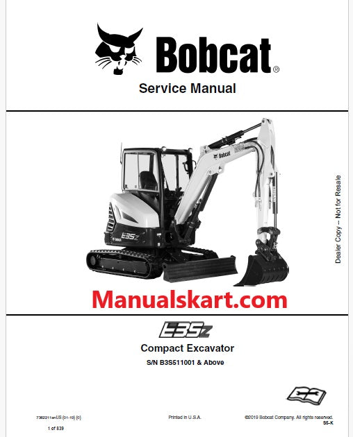 Bobcat E35z Compact Excavator Pdf Repair Service Manual S/N B3S511001 & Above