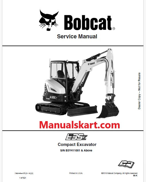 Bobcat E35z Compact Excavator Pdf Repair Service Manual S/N B3Y411001 & Above