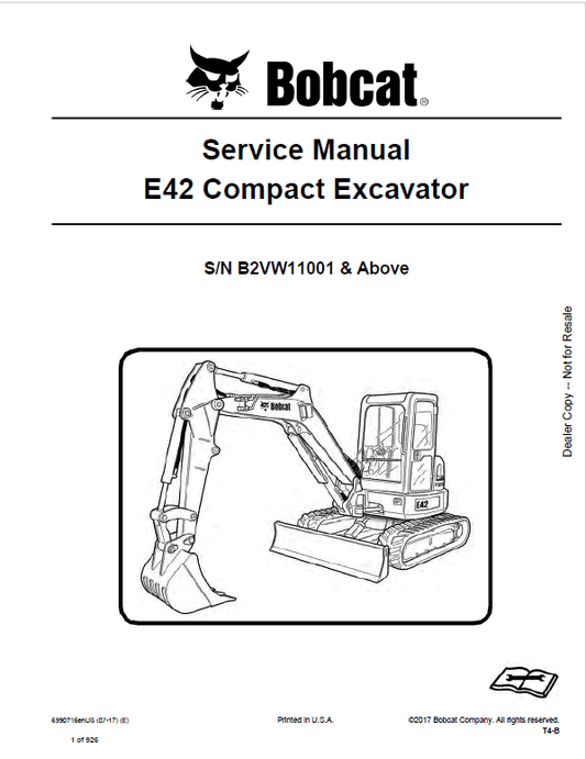 Bobcat E42 Compact Excavator Pdf Repair Service Manual (Pb. No. 6990716enus 07-17 E)