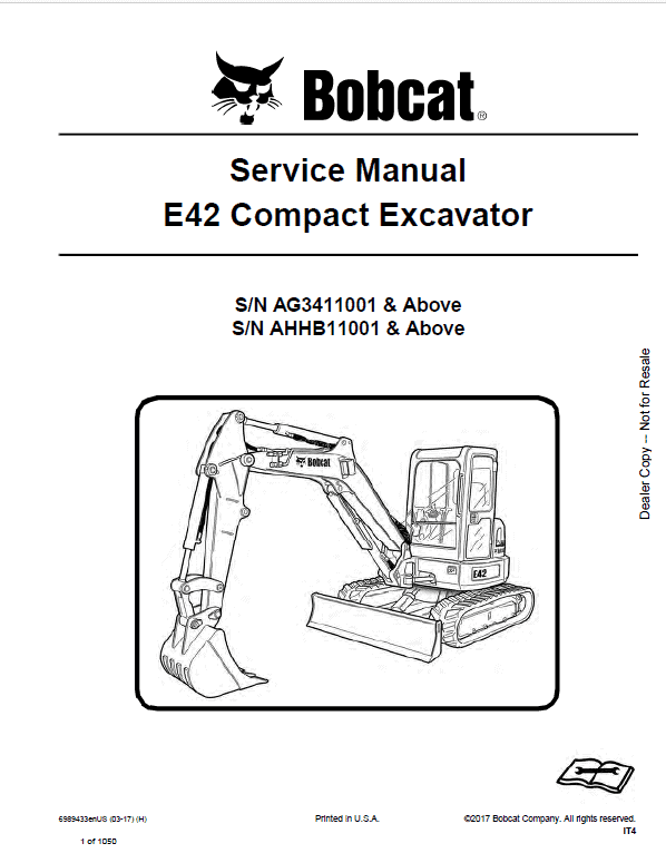 Bobcat E42 Compact Excavator Pdf Repair Service Manual Download (Sn AHHB11001 & ABOVE)