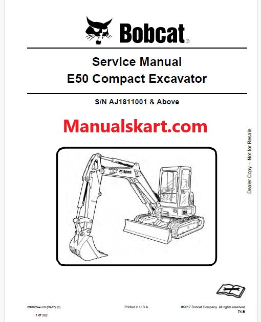 Bobcat E50 Compact Excavator Pdf Repair Service Manual S/N AJ1811001 & Above