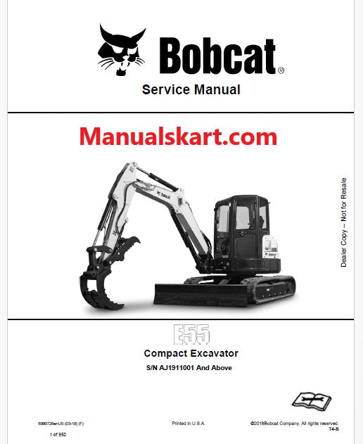 Bobcat E55 Compact Excavator Pdf Repair Service Manual S/N AJ1911001 And Above