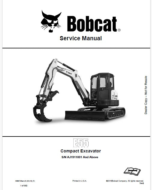 Bobcat E55 Compact Excavator Pdf Repair Service Manual Sn AJ1911001 & Above