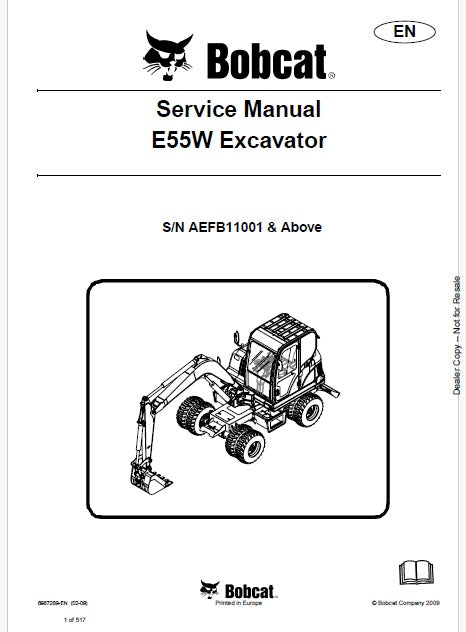 Bobcat E55W Excavator Pdf Repair Service Manual S/N AEFB11001 & Above