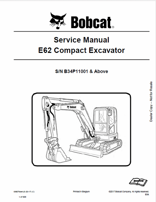 Bobcat E62 Compact Excavator Pdf Repair Service Manual (Pb. No. 6990794enus 05-17 C)