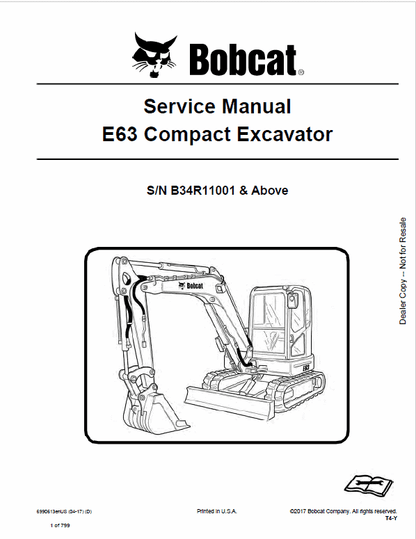 Bobcat E63 Compact Excavator Pdf Repair Service Manual (Pb. No. 6990613enus 04-17 D)