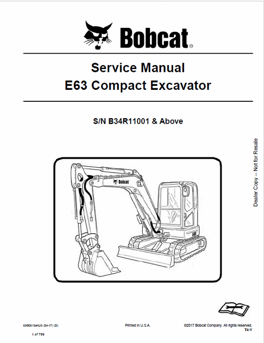 Bobcat E63 Compact Excavator Pdf Repair Service Manual (Pb. No. 6990613enus 04-17 D)