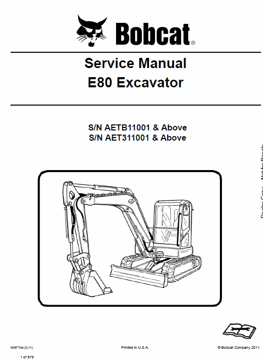 Bobcat E80 Compact Excavator Pdf Repair Service Manual (Pb. No. 6987194enus 05-16 D)