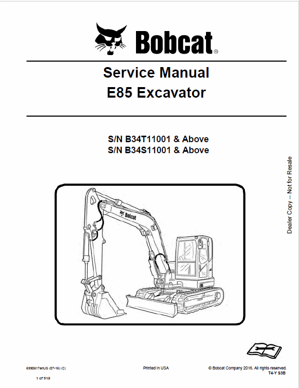 Bobcat E85 Compact Excavator Pdf Repair Service Manual (Pb. No. 6990617enus 07-16 C)