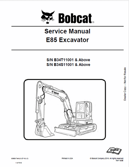 Bobcat E85 Compact Excavator Pdf Repair Service Manual (Pb. No. 6990617enus 07-16 C)