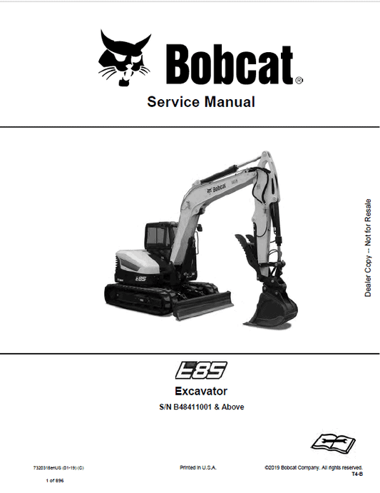 Bobcat E85 Compact Excavator Pdf Repair Service Manual (Pb. No. 7320318enus 01-19 C)