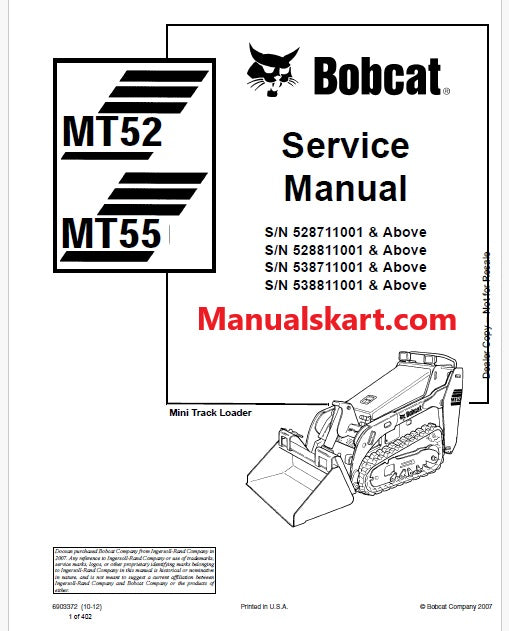 Bobcat MT52, MT55 Mini Track Loader Pdf Repair Service Manual