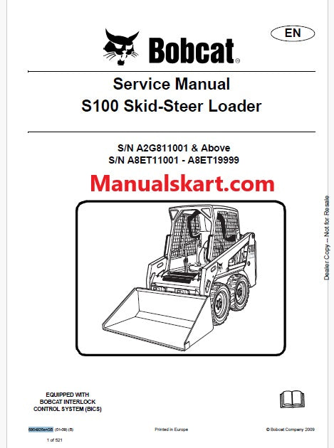 Bobcat S100 Skid Steer Loader Pdf Repair Service Manual (Pb no. 6904926enGB)