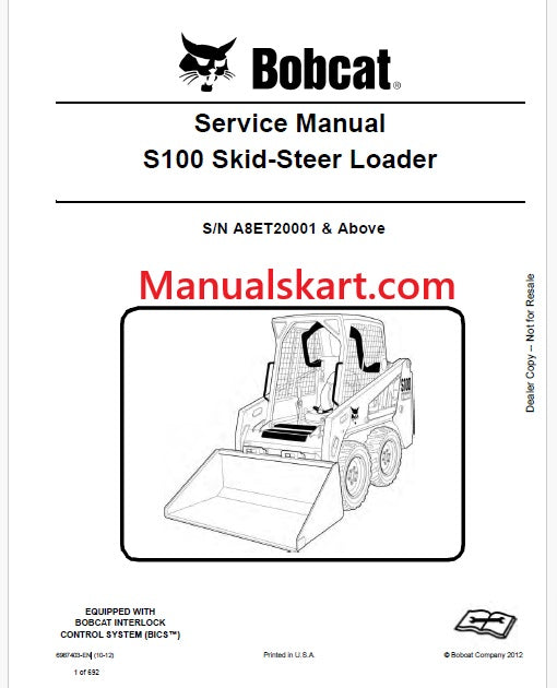 Bobcat S100 Skid Steer Loader Pdf Repair Service Manual (Pb no. 6987403-EN)