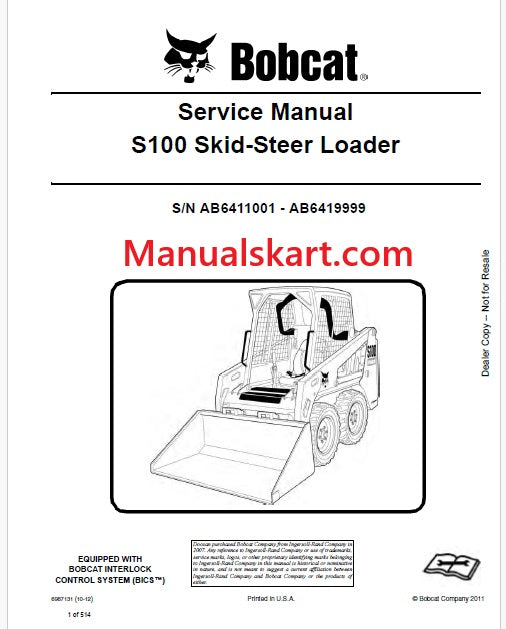 Bobcat S100 Skid Steer Loader Pdf Repair Service Manual S/N AB6411001 - AB6419999