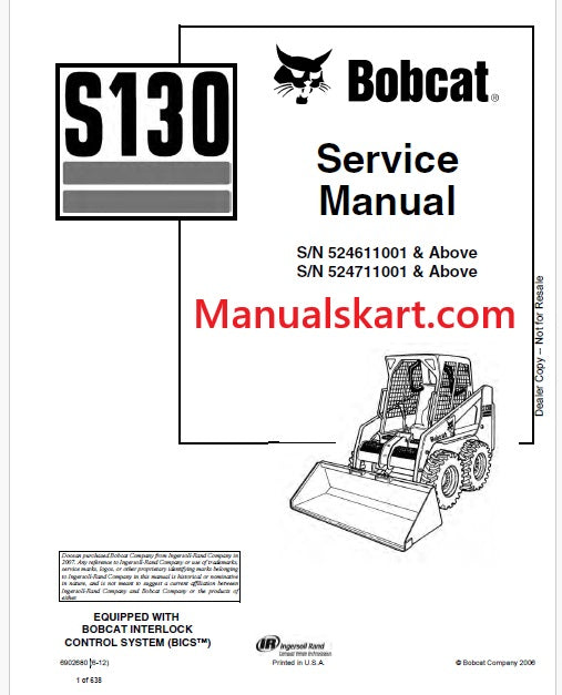 Bobcat S130 Skid Steer Loader Pdf Repair Service Manual (Pb no. 6902680)