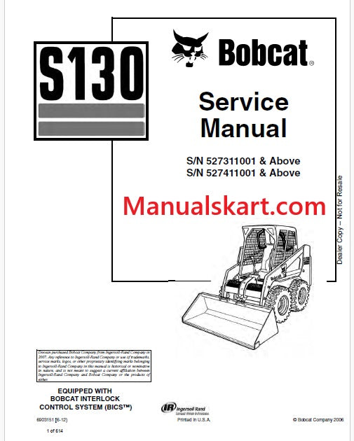 Bobcat S130 Skid Steer Loader Pdf Repair Service Manual (Pb no. 6903151)