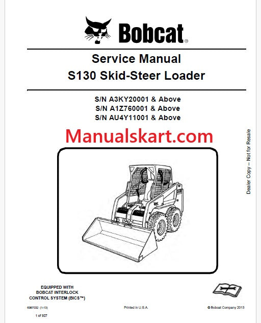 Bobcat S130 Skid Steer Loader Pdf Repair Service Manual (Pb no. 6987032)