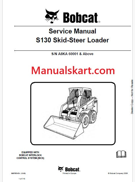 Bobcat S130 Skid Steer Loader Pdf Repair Service Manual (Pb no. 6987053-EN)