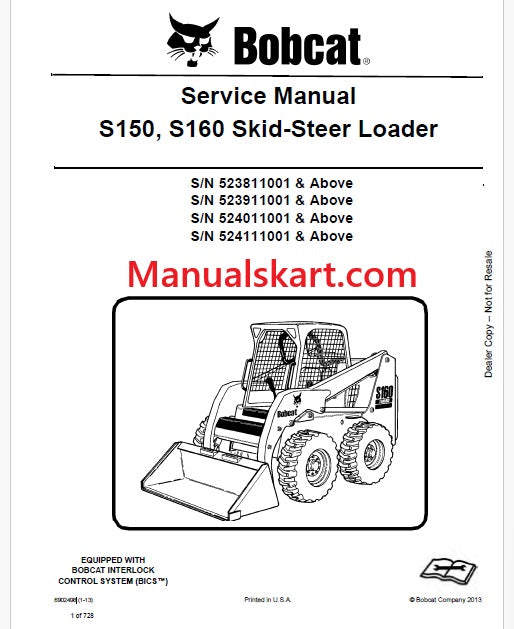 Bobcat S150, S160 Skid Steer Loader Pdf Repair Service Manual (Pb no. 6902498)