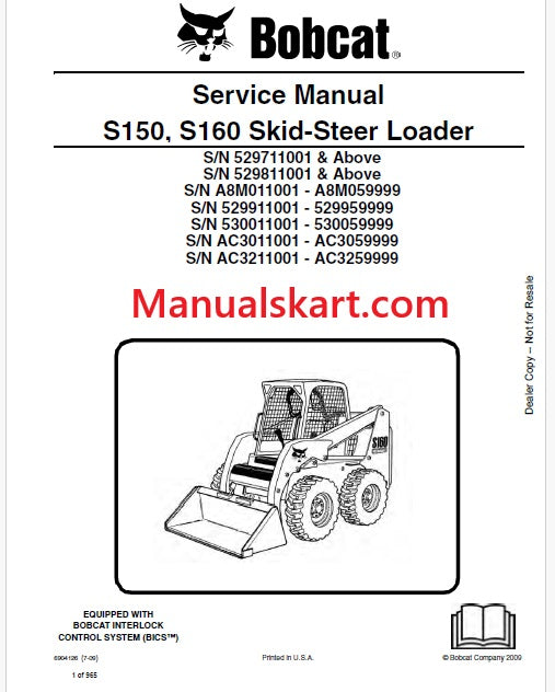 Bobcat S150, S160 Skid Steer Loader Pdf Repair Service Manual (Pb no. 6904126)