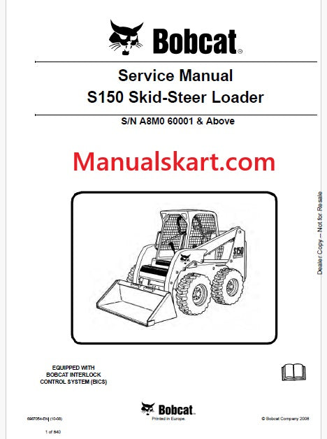 Bobcat S150 Skid Steer Loader Pdf Repair Service Manual (Pb no. 6987054-EN)