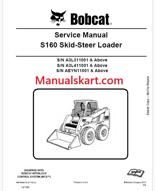 Bobcat S160 Skid Steer Loader Pdf Repair Service Manual (Pb no. 6987048enUS)