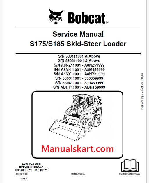 Bobcat S175, S185 Skid Steer Loader Pdf Repair Service Manual (Pb no. 6904132 en)