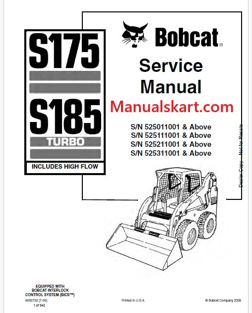 Bobcat S175, S185 Turbo High Flow Skid Steer Loader Pdf Repair Service Manual (Pb no. 6902732 en)