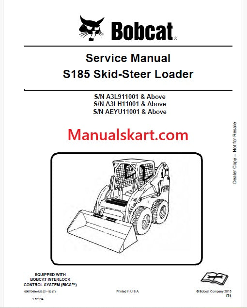 Bobcat S185 Skid Steer Loader Pdf Repair Service Manual (Pb no. 6987049 en)