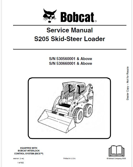 Bobcat S205 Skid Steer Loader Pdf Repair Service Manual (Pb no. 6987037 en)