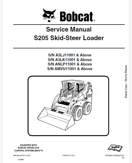 Bobcat S205 Skid Steer Loader Pdf Repair Service Manual (Pb np. 6987050 en)