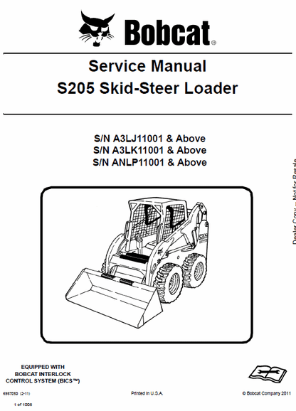 Bobcat S205 Skid Steer Loader Pdf Repair Service Manual