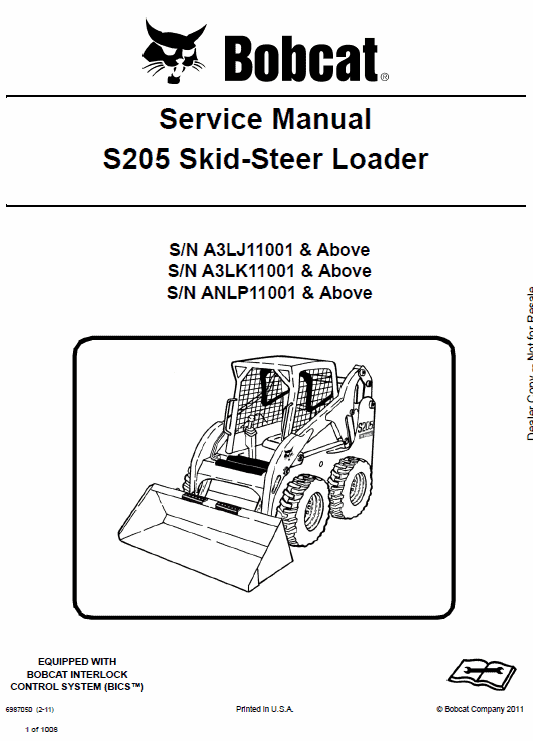Bobcat S205 Skid Steer Loader Pdf Repair Service Manual