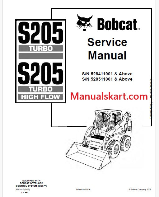 Bobcat S205 Turbo, S205 Turbo High Flow Skid Steer Loader Pdf Repair Service Manual