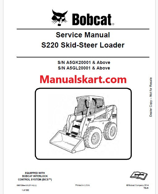 Bobcat S220 Skid Steer Loader Pdf Repair Service Manual (Pb no. 6987038 en)