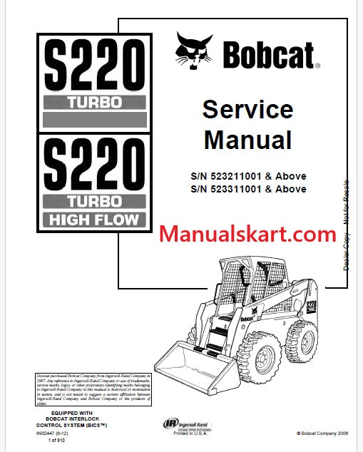 Bobcat S220 Turbo, S220 Turbo High Flow Skid Steer Loader Pdf Repair Service Manual (Pb np. 6902447 en)