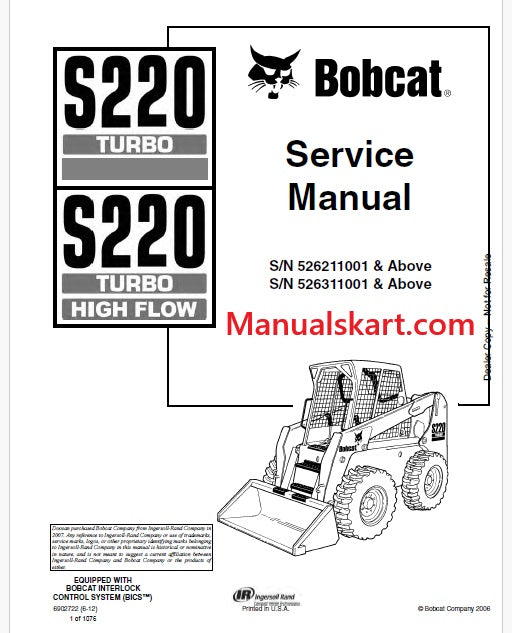 Bobcat S220 Turbo, S220 Turbo High Flow Skid Steer Loader Pdf Repair Service Manual (Pb np. 6902722 en)