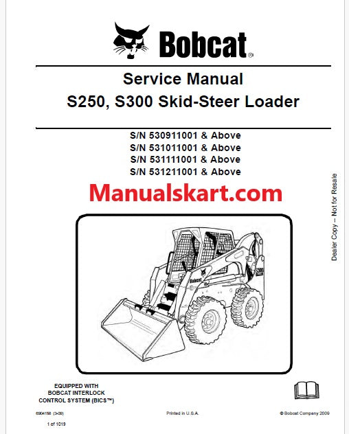 Bobcat S250, S300 Skid Steer Loader Pdf Repair Service Manual (Pb no. 6904158 en)