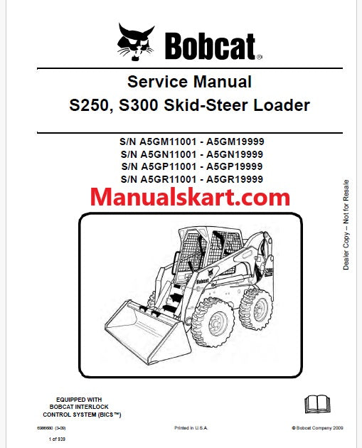 Bobcat S250, S300 Skid Steer Loader Pdf Repair Service Manual (Pb no. 6986680 en)