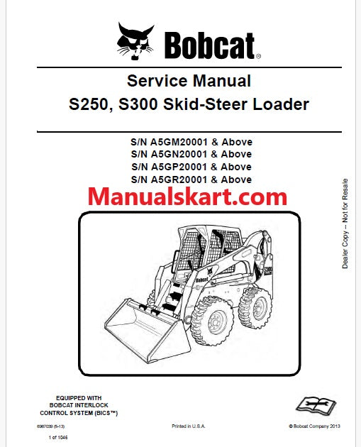 Bobcat S250, S300 Skid Steer Loader Pdf Repair Service Manual (Pb no. 6987039 en)