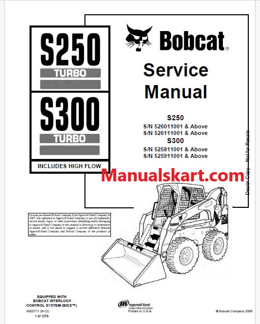 Bobcat S250 Turbo Skid Steer Loader Pdf Repair Service Manual (Pb no. 6902711 en)