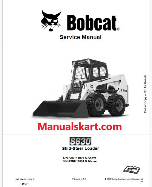 Bobcat S630 Skid Steer Loader Pdf Repair Service Manual (Pb no. 6987160enUS)