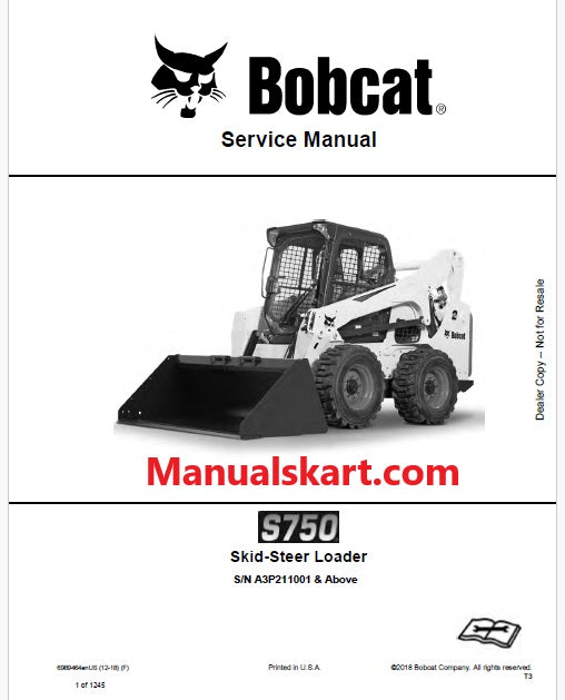 Bobcat S750 Skid Steer Loader Pdf Repair Service Manual (Pb no. 6989464enUS)