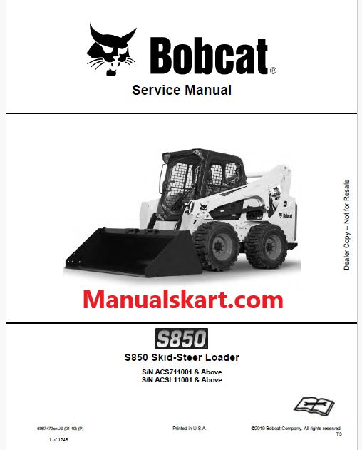 Bobcat S850 Skid Steer Loader Pdf Repair Service Manual (Pb no. 6987479enUS)