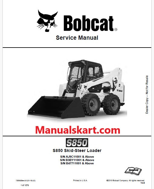 Bobcat S850 Skid Steer Loader Pdf Repair Service Manual (Pb no. 7253829enUS)