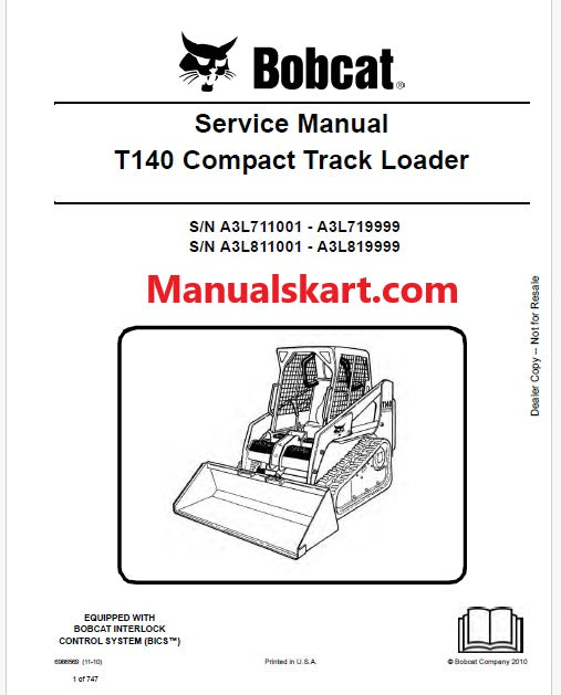 Bobcat T140 Compact Track Loader Pdf Repair Service Manual (Pb no. 6986569)