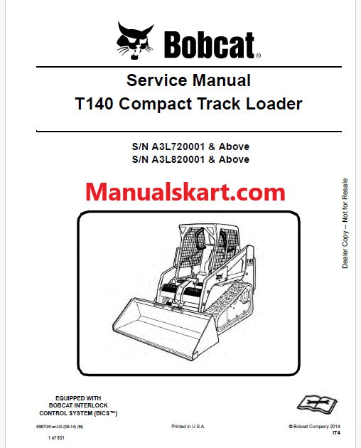 Bobcat T140 Compact Track Loader Pdf Repair Service Manual (Pb no. 6987041enUS)